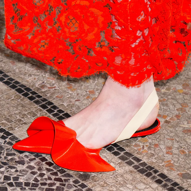 Red Patent Leather Slingback Shoes Ruffles Pointed Toe Flats |FSJ Shoes