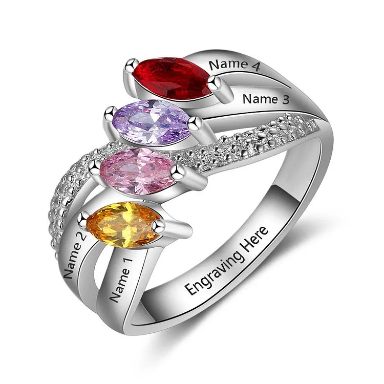 Mothers Ring with 4 Birthstones Engraved 4 Names Personalized Mom Ring Mother's Day Gift