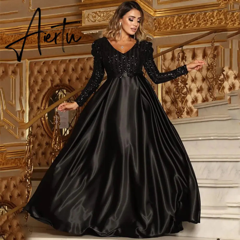 Aieru New Fashion Women Lady Sexy Deep V-neck Sequin Long SleeveFloor Length Bling Big Hem Party Wedding Evening Maxi Dress Aiertu