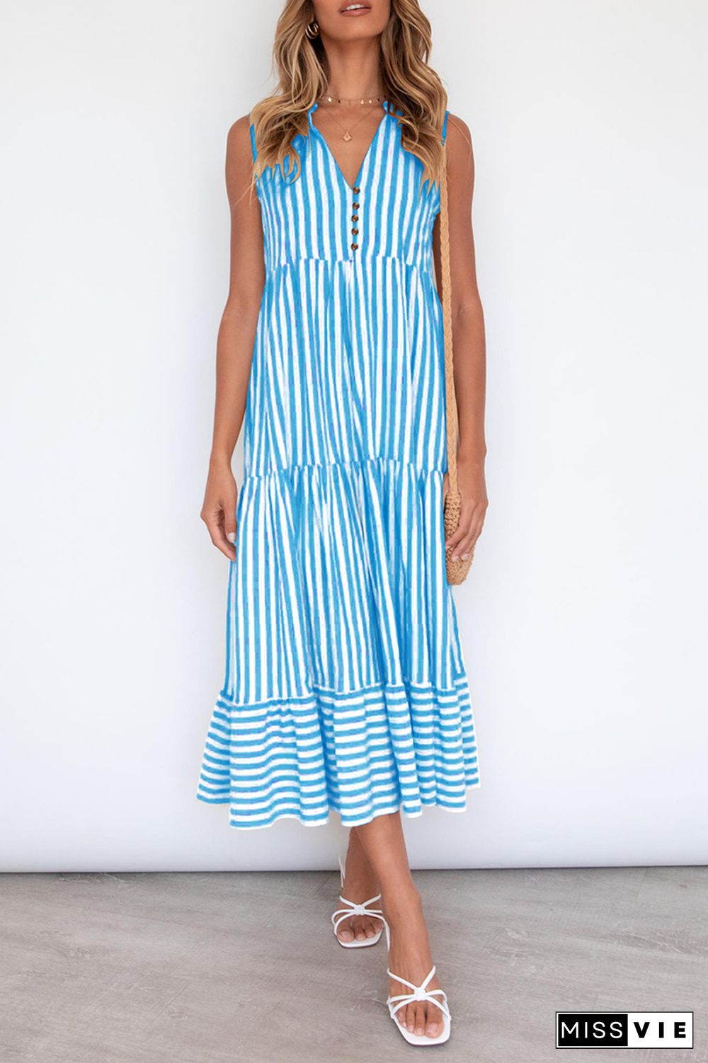 Casual Elegant Striped Flounce Without Belt V Neck A Line Dresses