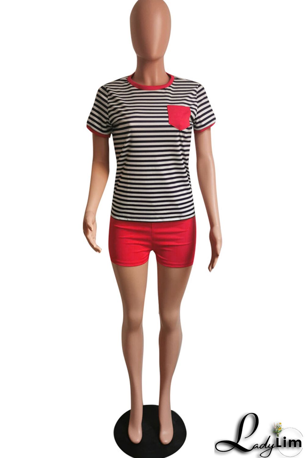 Fluorescent Green Fashion Casual Striped Print Patchwork O Neck Short Sleeve Two Pieces