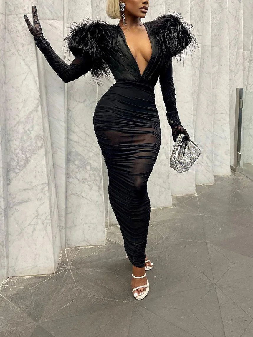 Neosepa-Pluning V Neck Long Sleeve Pleated Black Sheer Mesh Feather Maxi Gown