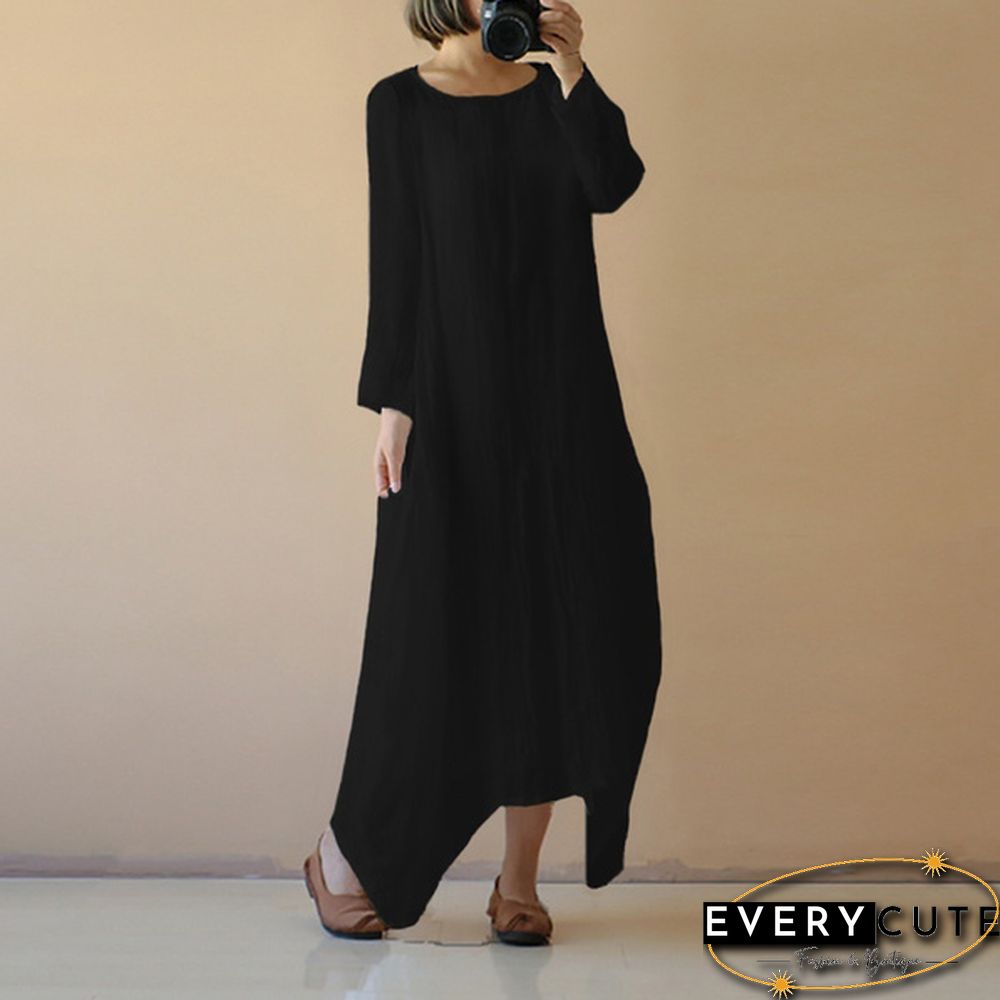Womens Spring Light Comfy Cotton O Neck Solid Long Sleeve Long Shirt Dress Plus Size