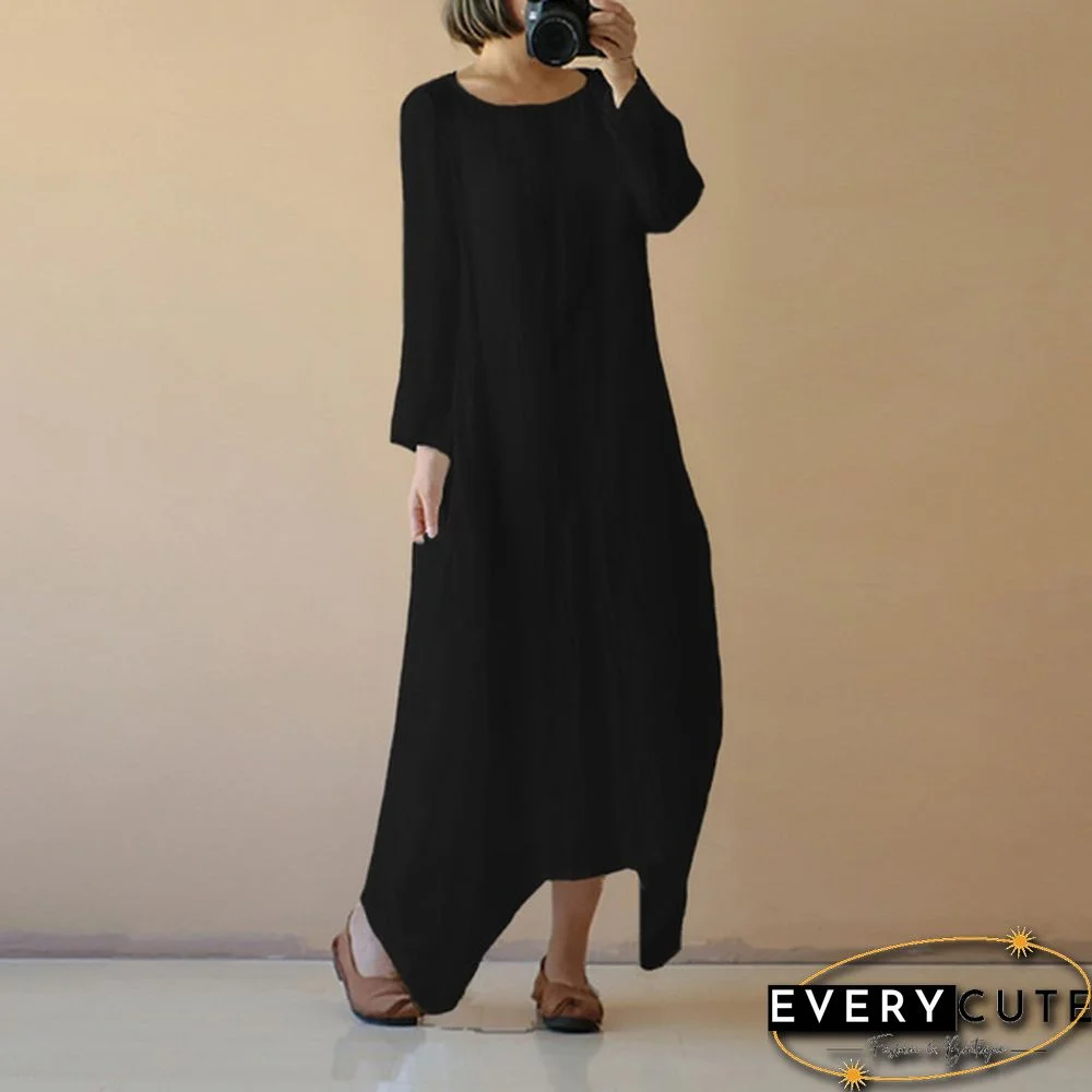 Womens Spring Light Comfy Cotton O Neck Solid Long Sleeve Long Shirt Dress Plus Size