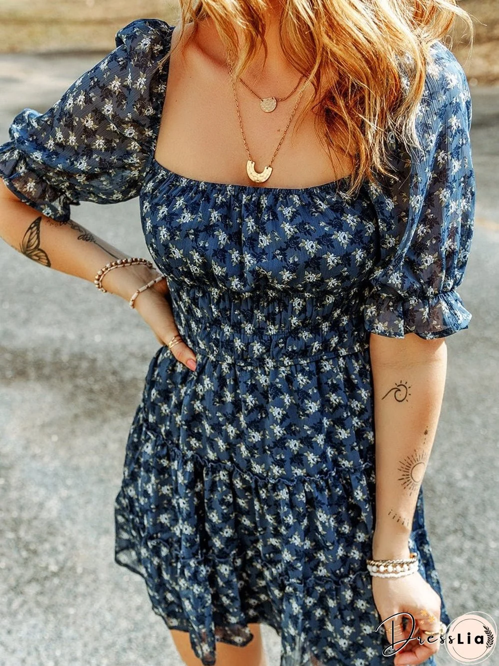 Blue Floral Print Smocked Ruffle Tiered Mini Dress