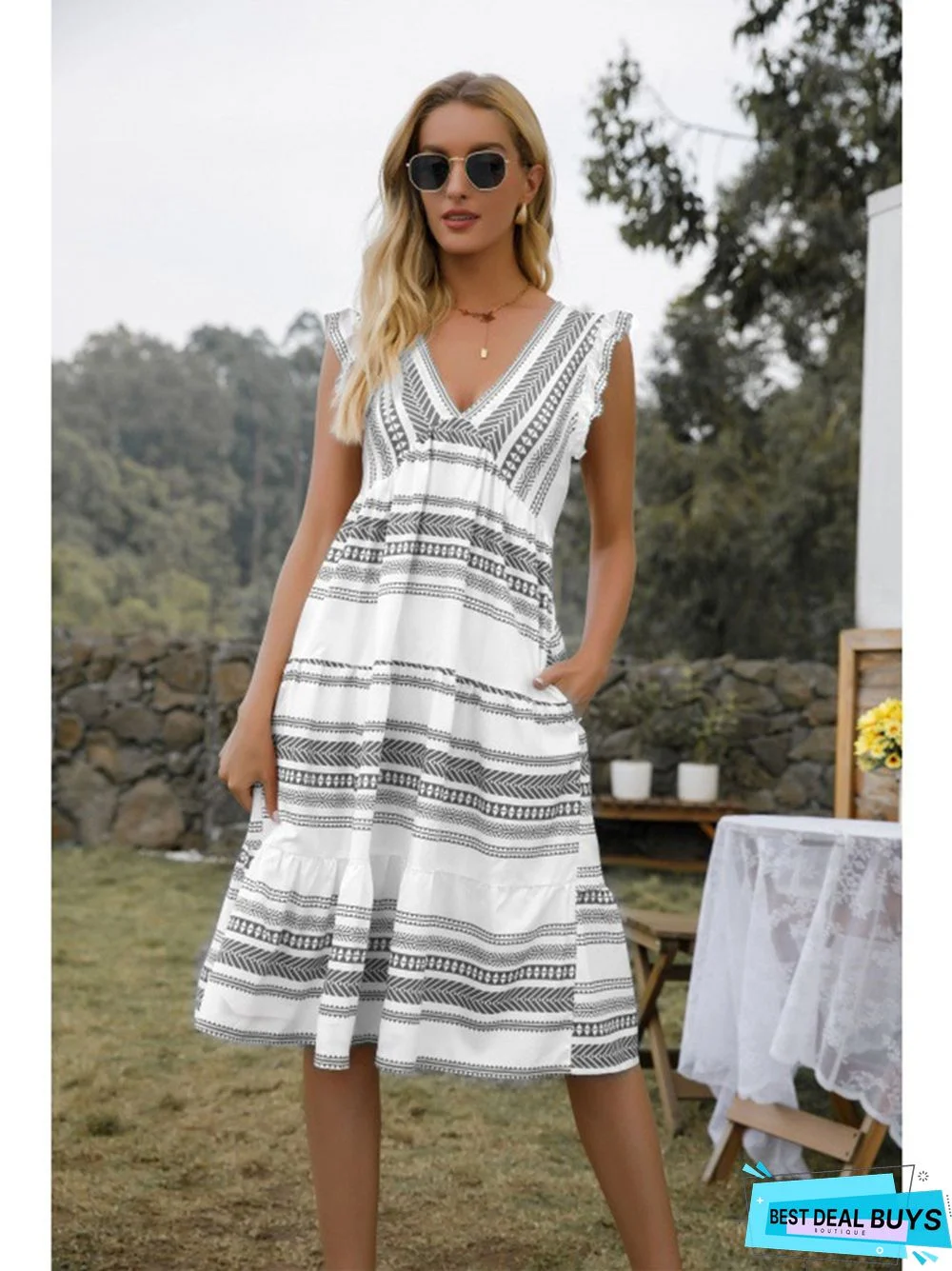 Bohemian V-Neck Pocket Striped Dress