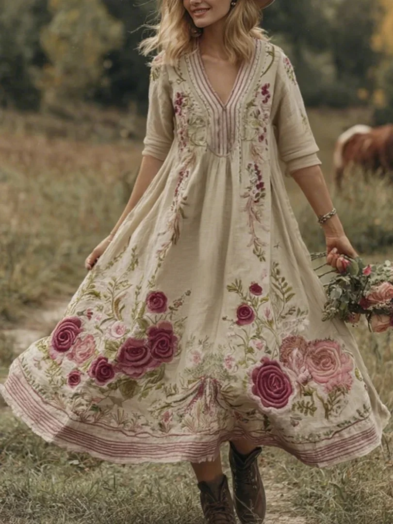 Classy Gradient Pink Roses And Striped  Embroidered Linen Maxi Dress