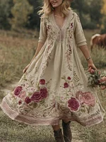 Classy Gradient Pink Roses And Striped  Embroidered Linen Maxi Dress - Image 3