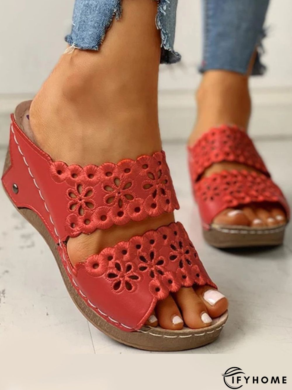 Embroidered Cutout Platform Wedge Slipper Sandals | IFYHOME