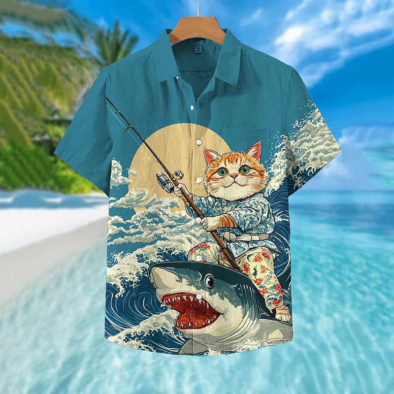Men's Retro Japanese Sea Waves Cat Shark Art Casual Short Sleeve Shirts