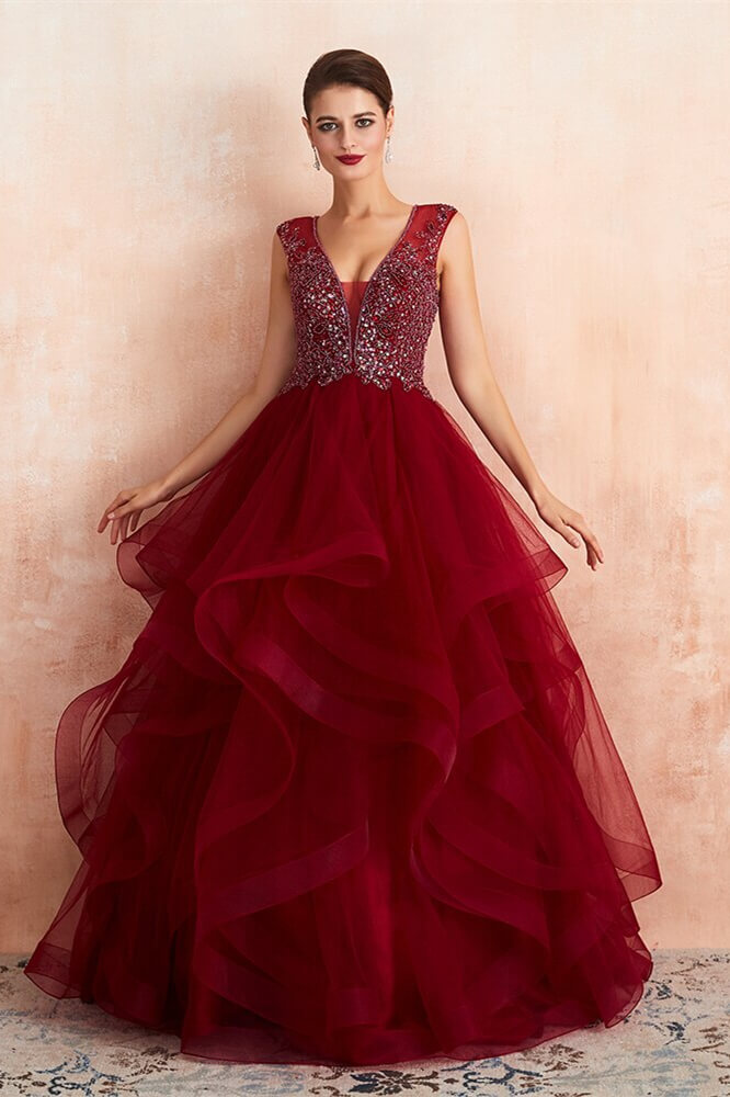 Bellasprom Burgundy V-Neck Evening Dress Tulle Long With Beads Online Bellasprom