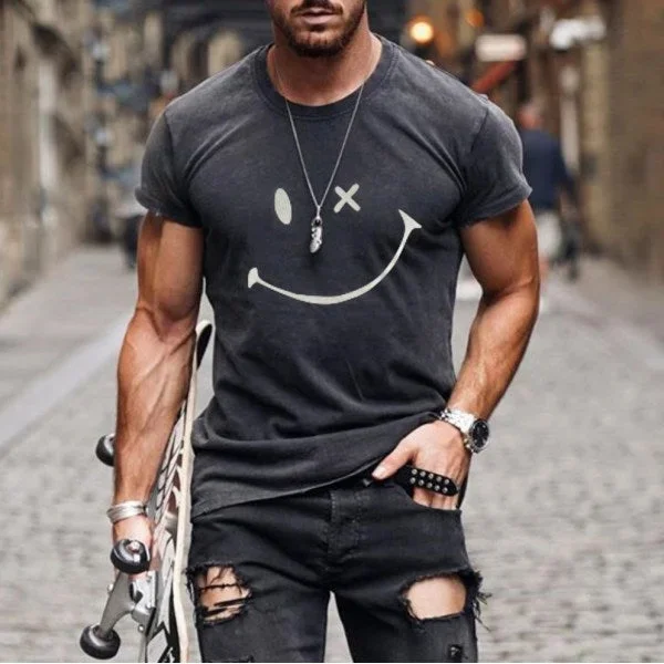 Men's Fashion Washing Short Sleeve Smiley T-shirt