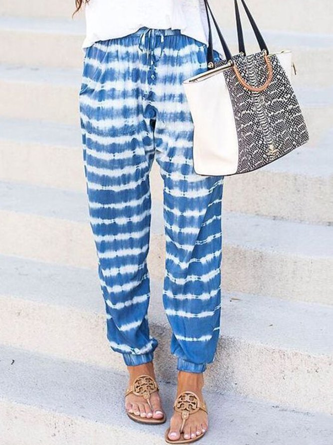 Blue Patchwork Boho Cotton-Blend Pants
