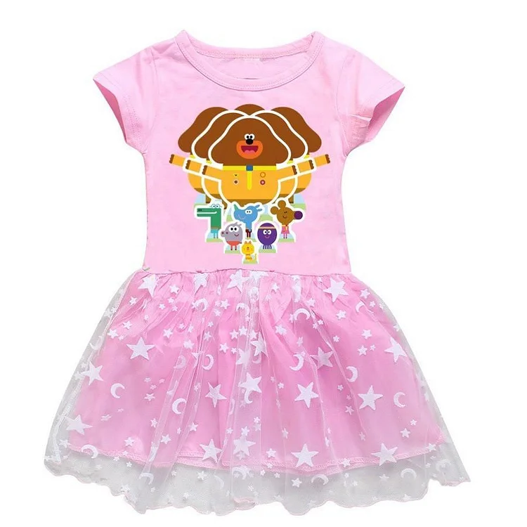 Hey Duggee Print Girls Pink Purple Short Sleeve Moon Star Tulle Dress-Mayoulove