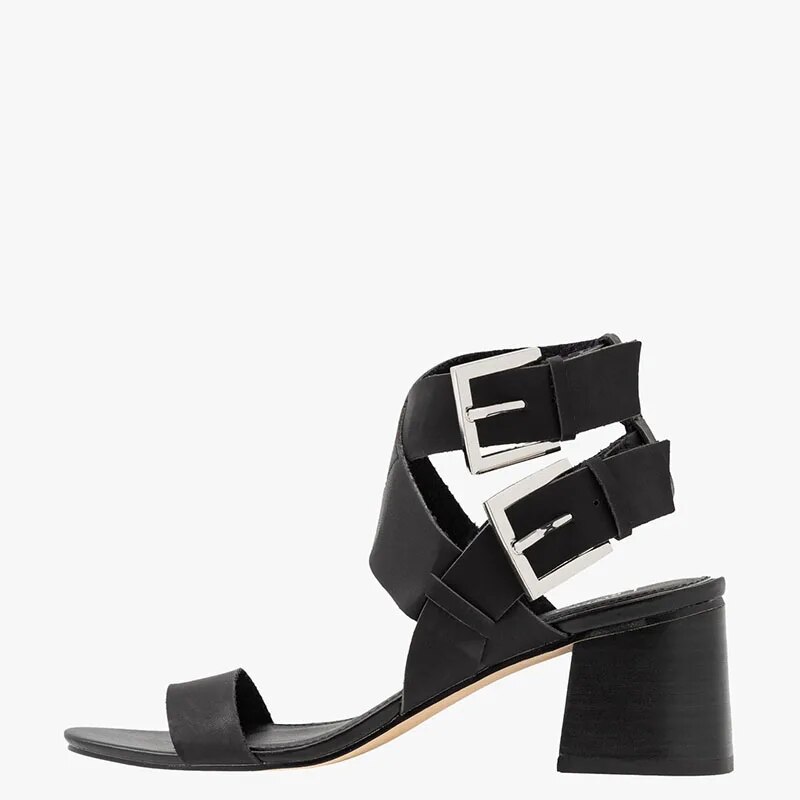 TAAFO Black High Chunky Heels Women Sandals Open Round Toe Cross Strap Buckle Ladies Dress Shoes