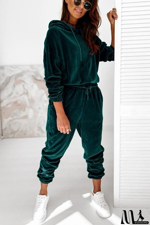 MidiSono - Velvet Drawstring Hooded Joggrt Set