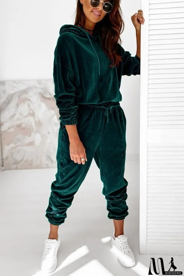MidiSono - Velvet Drawstring Hooded Joggrt Set