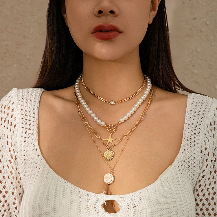 Ocean Style Shell Pearl Starfish Necklace