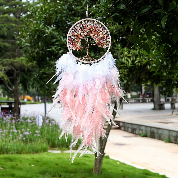 Olivenorma Crystal Tree of Life Pink Feather Dream Catcher