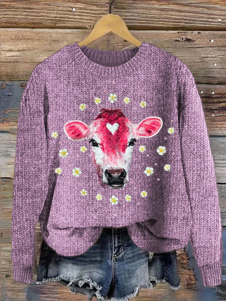Comstylish Cow & Floral Embroidery Pattern Cozy Sweater