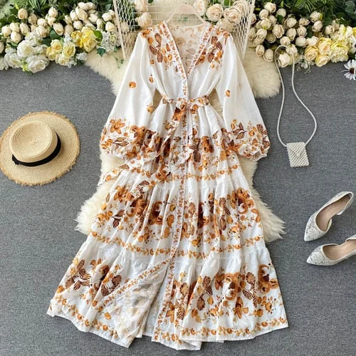 Fitaylor 2022 New Autumn Vintage Print Dress Women Elegant V Neck Single Breasted Sashes Tie Up A Line High Waist Slim Dress