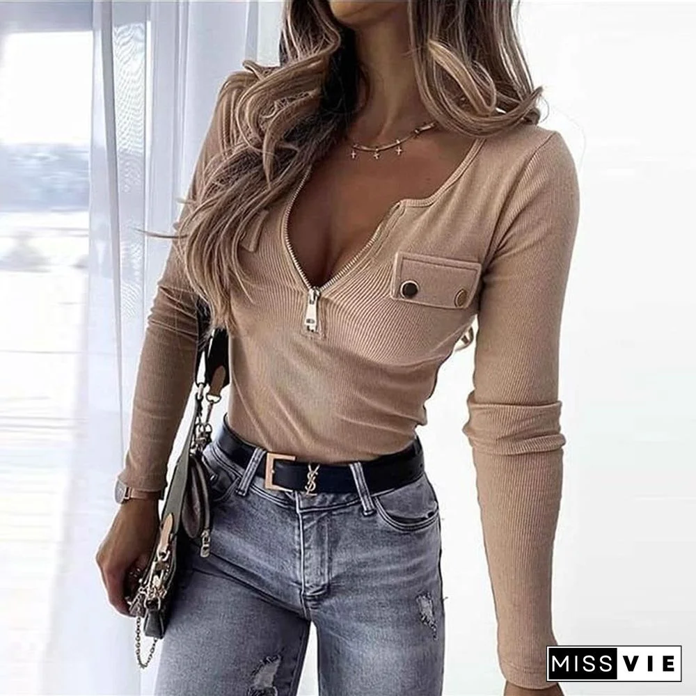 Sexy Sweet Women Slim Fit Blouses Shirts Elegant Spring Knitted Ribbed Zipper Shirt Tops Autumn Casual Button Long Sleeve Blusas