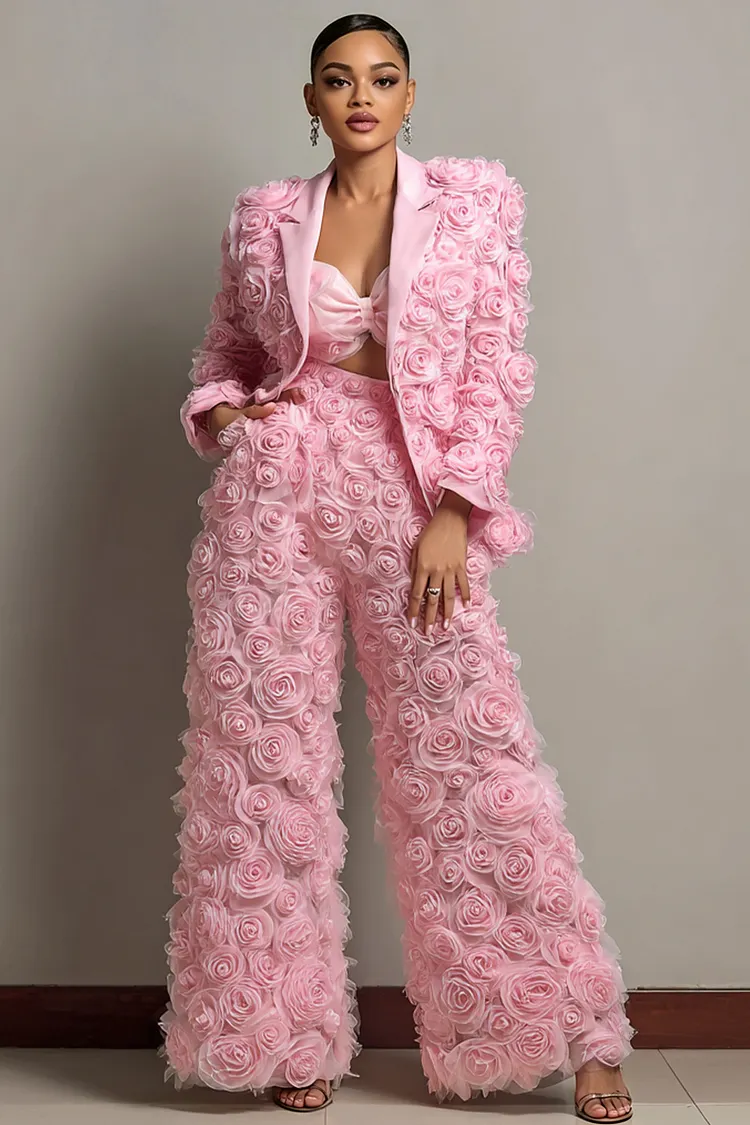 Xpluswear Design Plus Size Formal Pink Lapel Collar Long Sleeve 3D Pocket Tulle Two Piece Pant Suits [Pre-Order] 2024 - Xpluswear