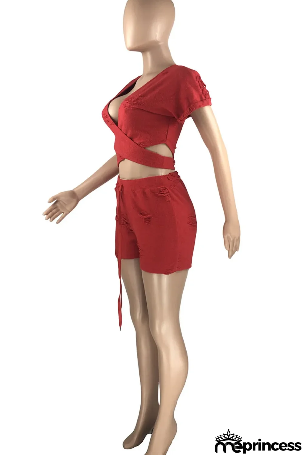 Grey Casual Solid Ripped Hollowed Out Split Joint V Neck Short Sleeve Two Pieces