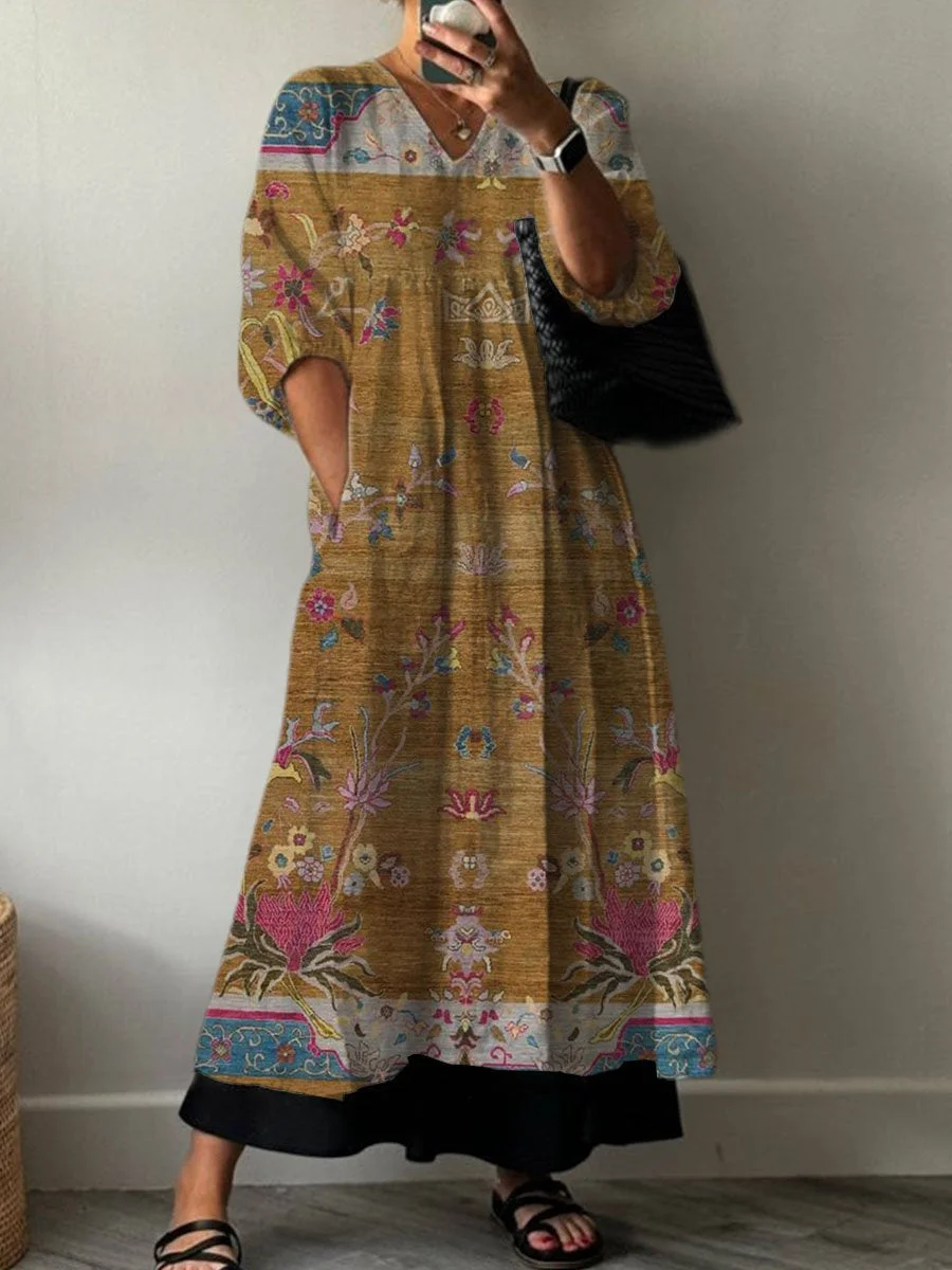 Women's Vintage Floral Print Pocket V-neck Cotton Dress