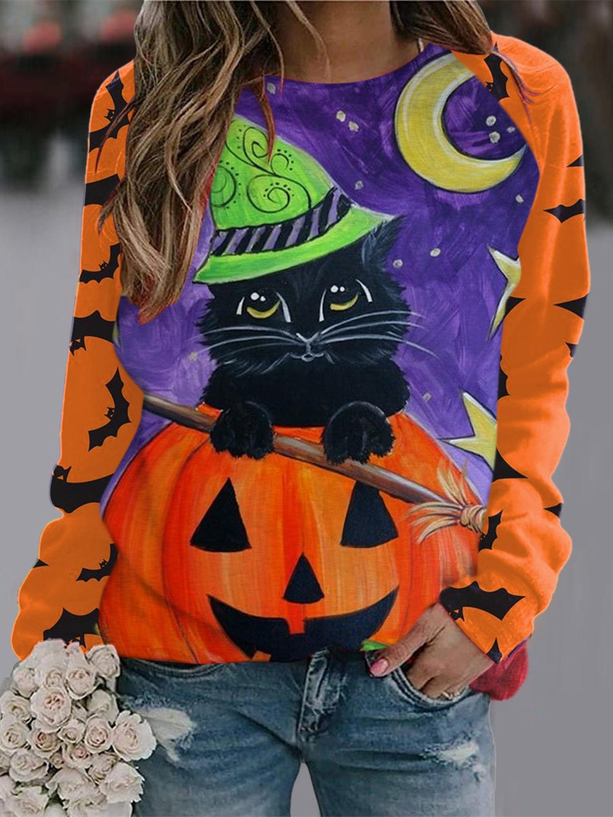 Women Long Sleeve V-neck Graphic Floral Printed Top