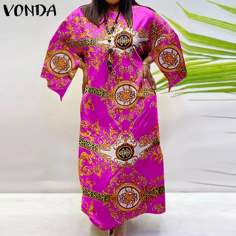 VONDA Women Bohemian Dress 2022 Casual Loose 3/4 Sleeve Holiday Dress Female Vintage Printed Party Vestidos Oversized Robe Femme