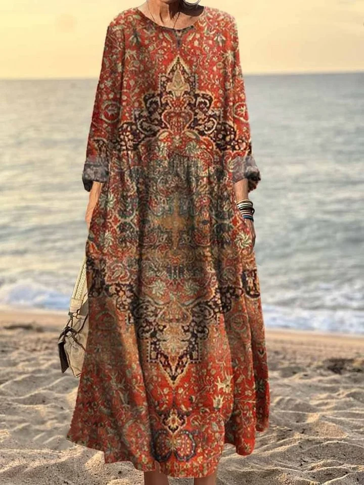 Women's Vintage Ethnic Style Floral Art Patterns Print Pocket Cotton Dress