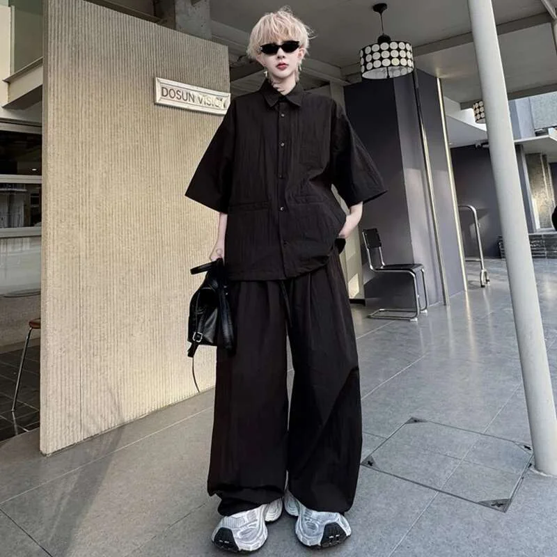 Aonga Men's Set New Summer Solid Color Wrinkled Short Sleeve Single Breasted Shirt Male Casual Elastic Waist Pants 9W1491 aonga