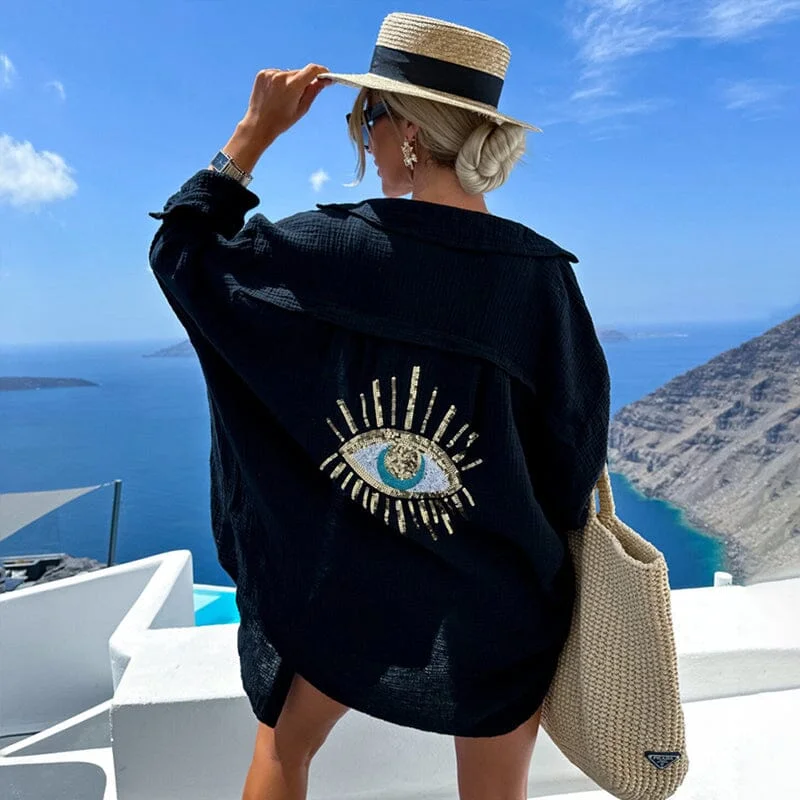 Evil Eye Casual Sequin Beaded Shirt