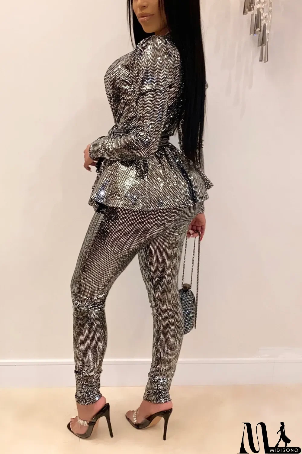 MidiSono - Black Fashion Slim Long-Sleeve V-Neck Two-Piece Set