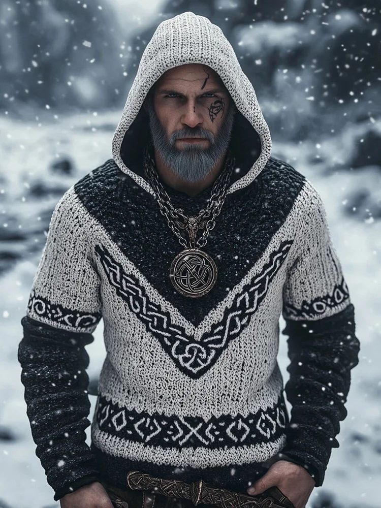 Men's Vintage Viking Contrast Color Cozy Knit Hooded Sweater