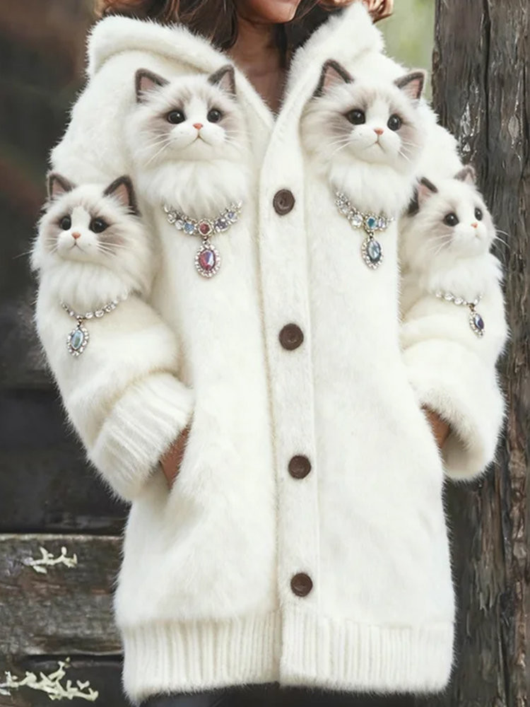 Cute Cat Embroidered Hooded Cardigan Long Sweater elevenforest