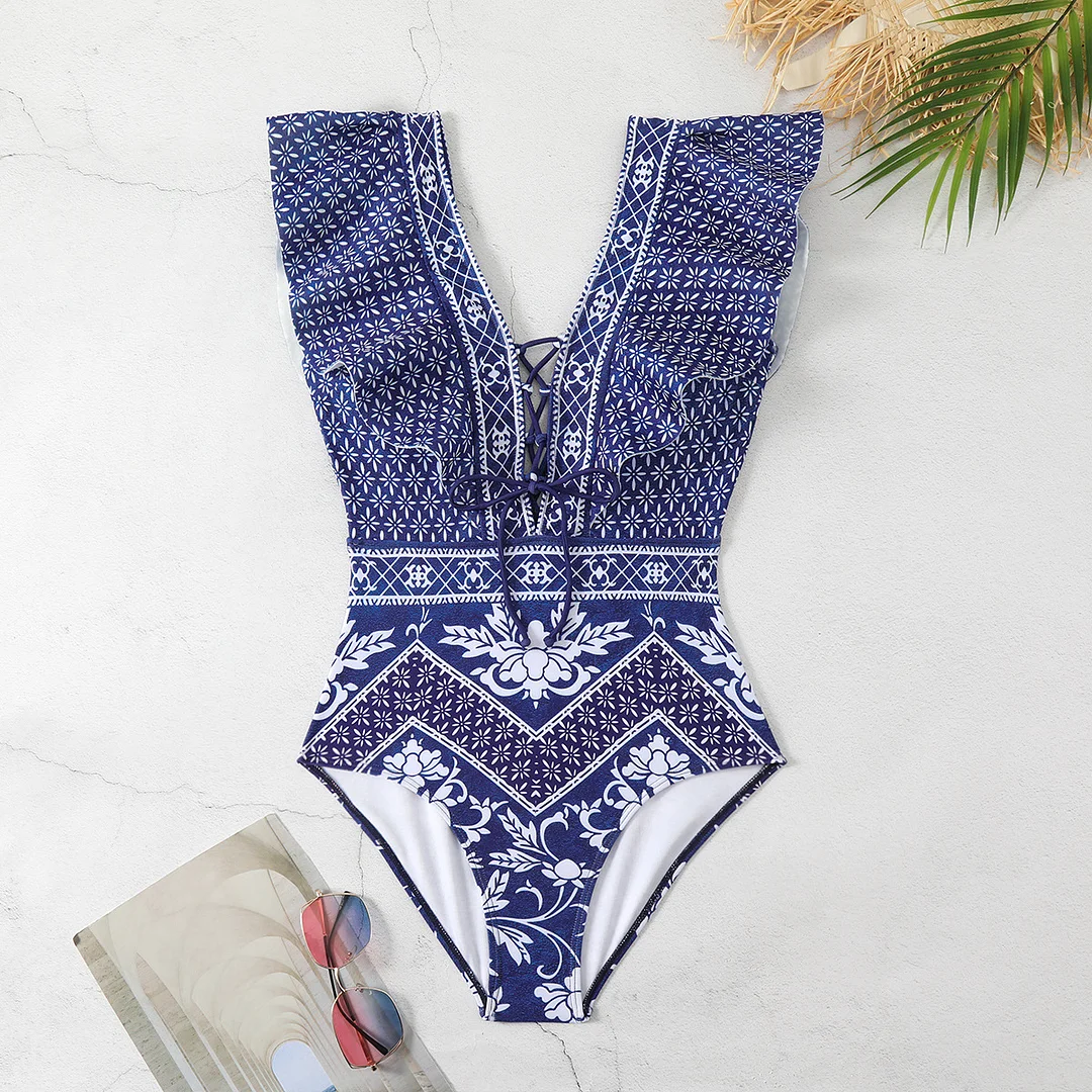Uveng Shoulder Lotus Side Deep V Sexy Bare Back Swimsuit Woman 2025 New Swimsuit Swimsuit