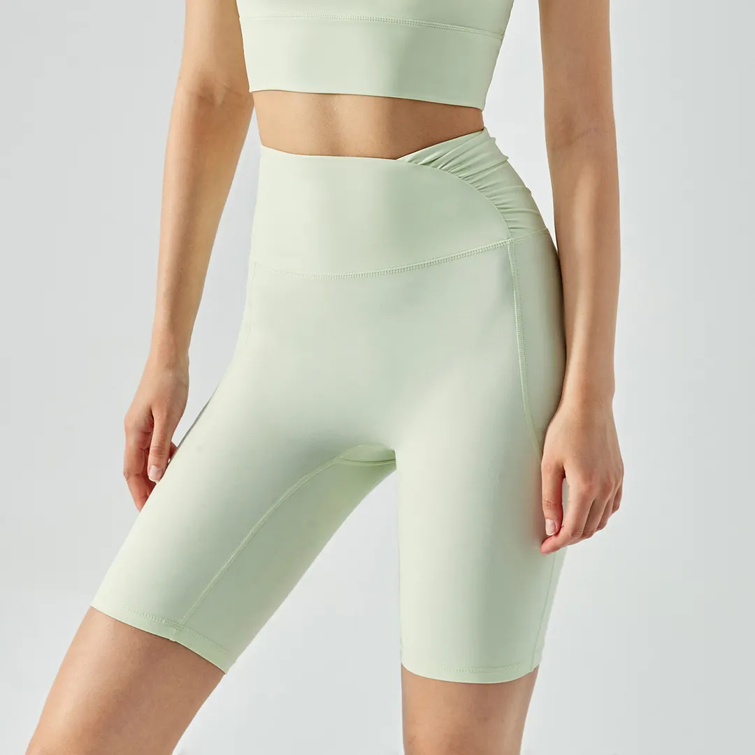 Buy women's sustainable environmentally friendly ruched waist dri-fit butt lifting tummy control yoga legging shorts of high quality on Hergymclothing Moon Green