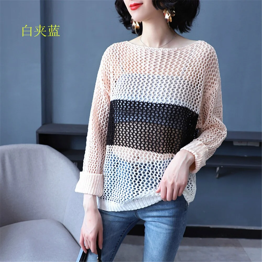 Women Thin Pullovers Sweaters Spring Summer Casual Solid Hollow Out Thin Loose Tops Knitted Sweaters