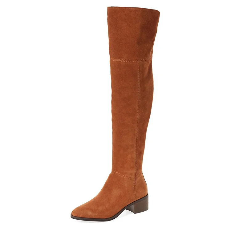 Tan Boots Suede Low Heel Fashion Over-the-Knee Long Boots |FSJ Shoes