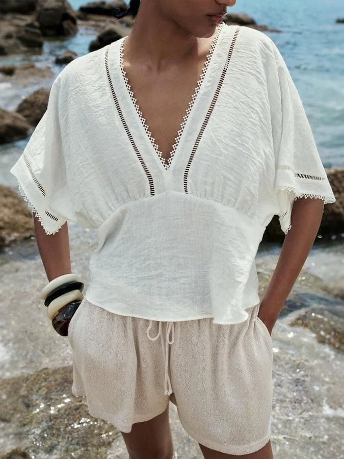 Women's cotton and linen lace holiday shirt
