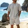 Men's Casual Waffle-Knit Crew Neck T-Shirt And Shorts Set by Inlyline