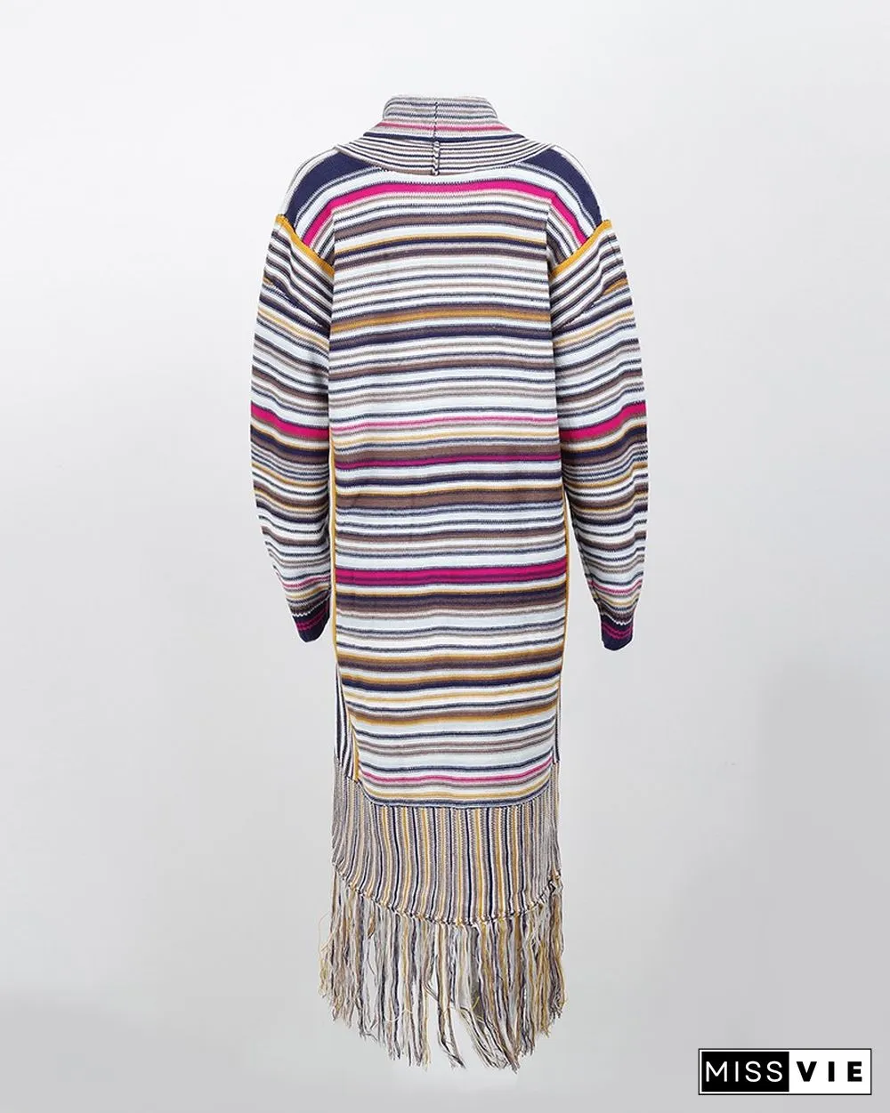 Colorblock Tassel Design Knit Longline Cardigan
