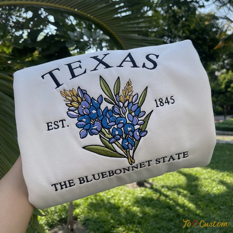 TOSCUSTOM™ Texas State Embroidered 1845 Bluebonnet Flower Sweatshirt