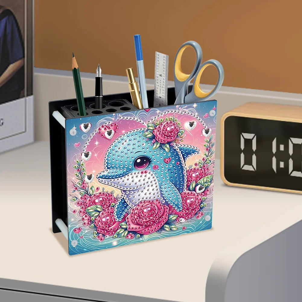 DIY Dolphin Special Shaped Diamond Painting Acrylic Pencil Holder Organizer