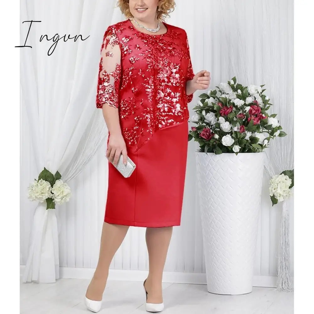 Ingvn - Fashion Trends Elegant Half Sleeve Lace Evening Dress Plus Size O Neck Short Mother Of The