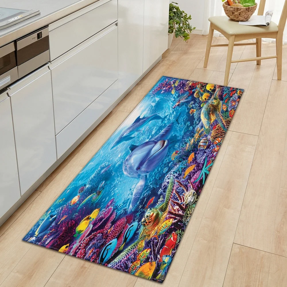 3D Ocean World Fish Carpet Kitchen Mat Entrance Doormat Bedroom Home Floor Decoration Living Room Carpet Bathroom Anti-slip Rug