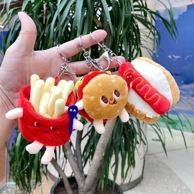 3 Pieces Cute Novelty Toast Hamburger Hot Dog Pp Cotton Plush Unisex Bag Pendant Keychain