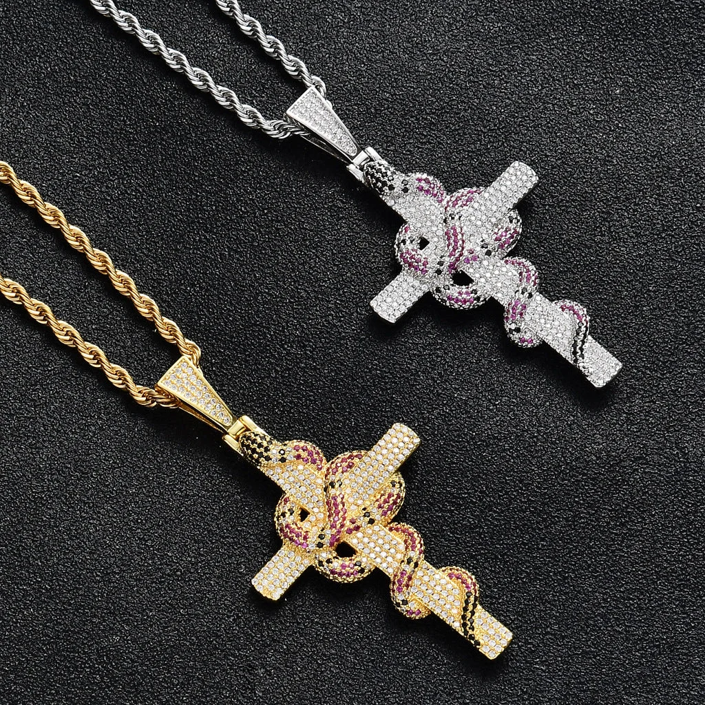 Iced Out Twisted Snake Cross Pendant Necklace